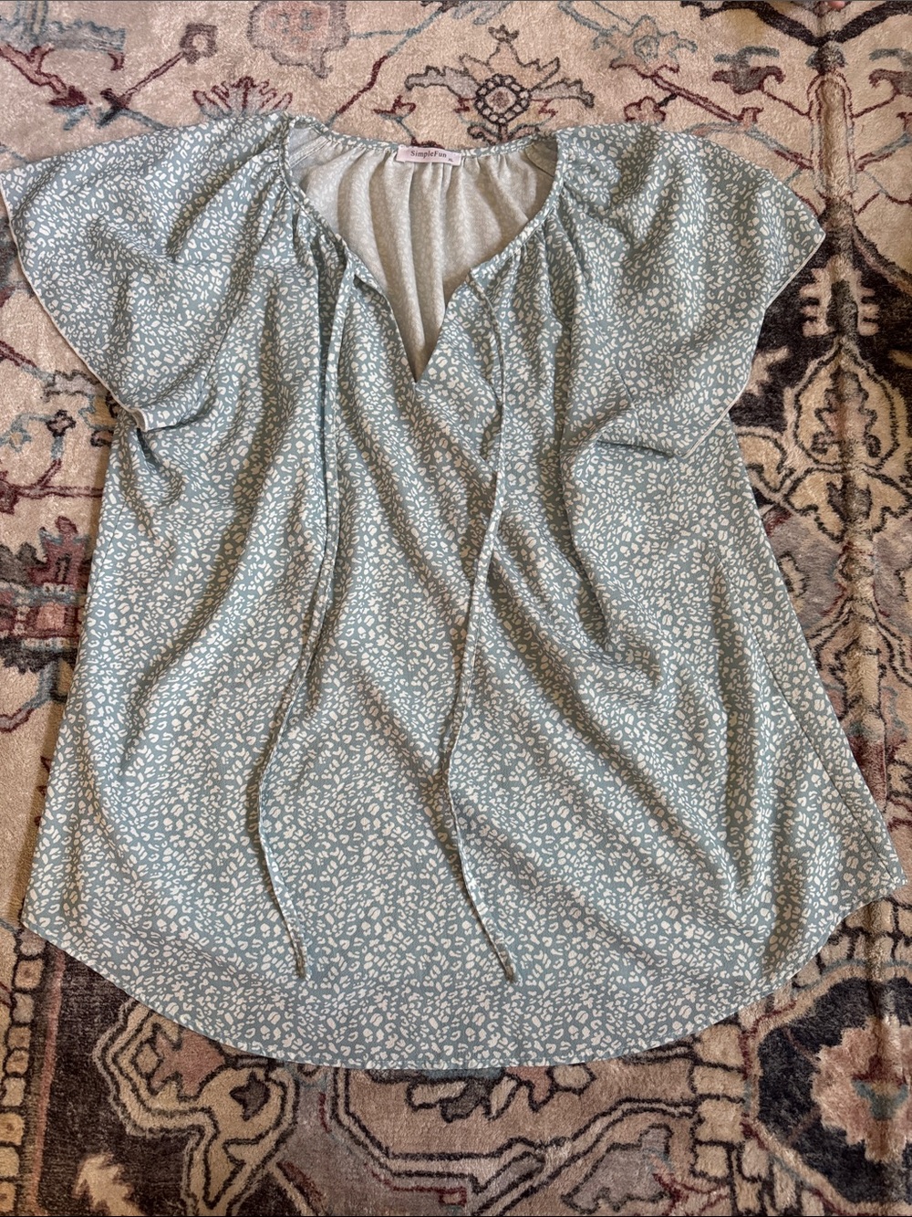 Light Blue Printed Tie-Neck Blouse with Flutter Sleeves